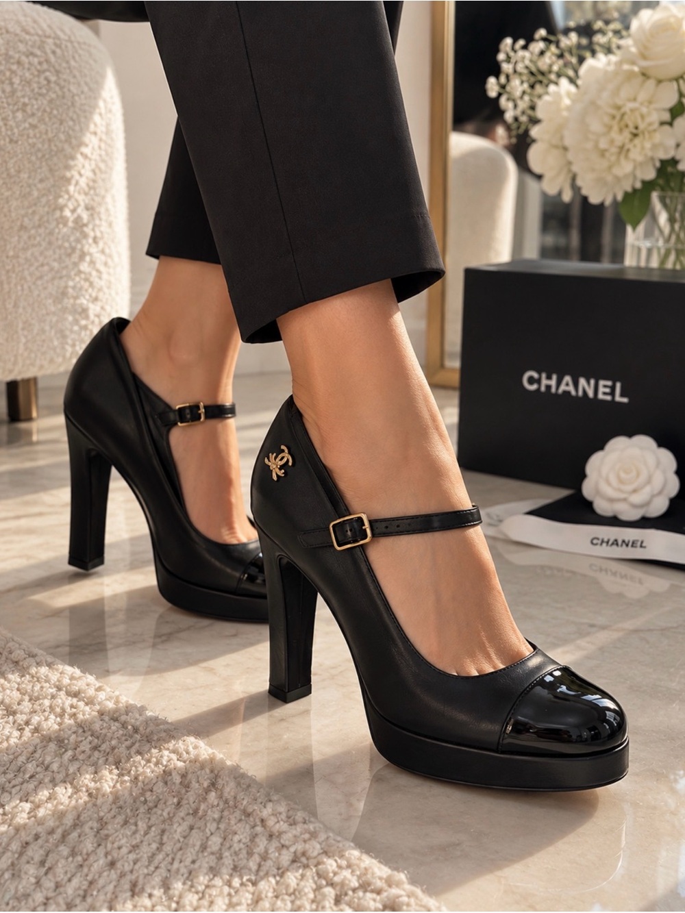CHANEL Black Leather Mary Jane Platform Pumps with Gold Logo